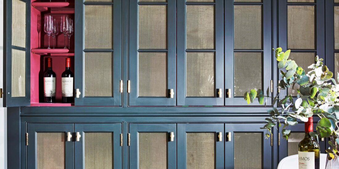 Ludlow blue glass and wine cabinets