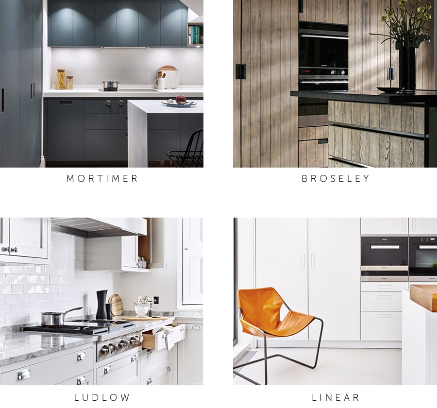 Montage of different kitchen concepts: Ludlow, Mortimer, Linear and Broseley